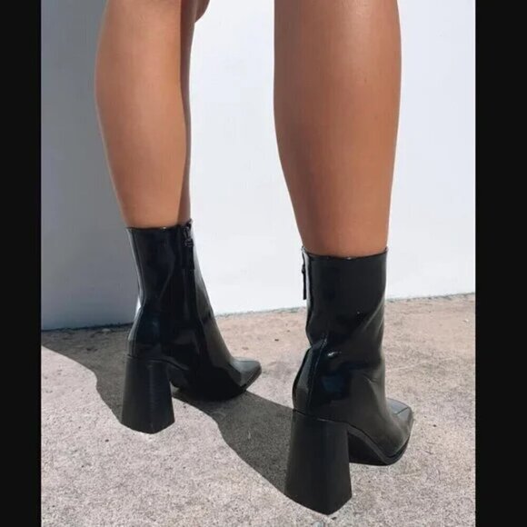 Princess Polly Kia Black Patent Leather Heeled Ankle Boots 6 - Picture 2 of 10